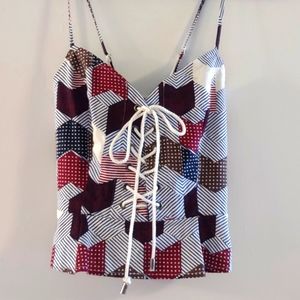 Free People patchwork smocked back lace up top